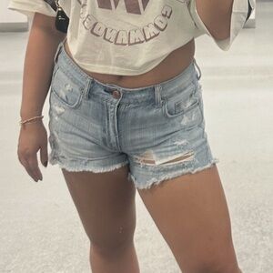 Distressed AE Light Blue Denim Shorts